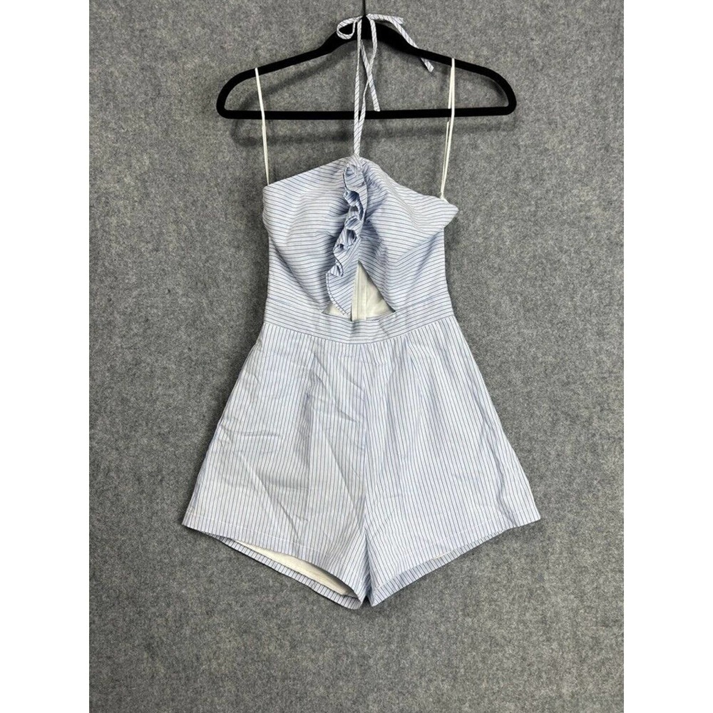 Revolve Romper Women Small Blue Halter Neck Striped Cut Out Ruffle Front